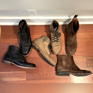 3 pairs boots Wolverine 1000 mile black and Rough Out (9.5M), Bed Stu (10M)
